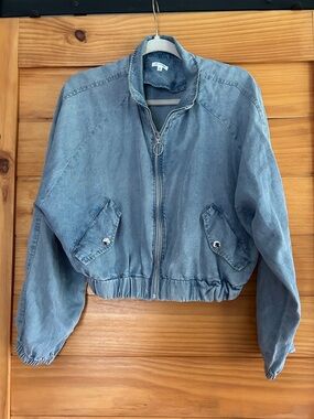 En Creme Light Blue Denim Bomber Jacket